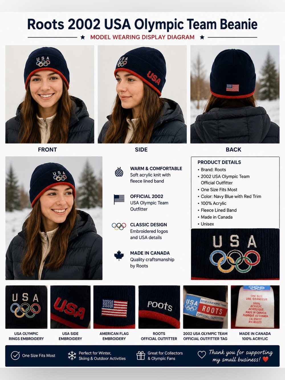 Roots 2002 USA Olympic Team Beanie Hat Official Outfitter Made In Canada